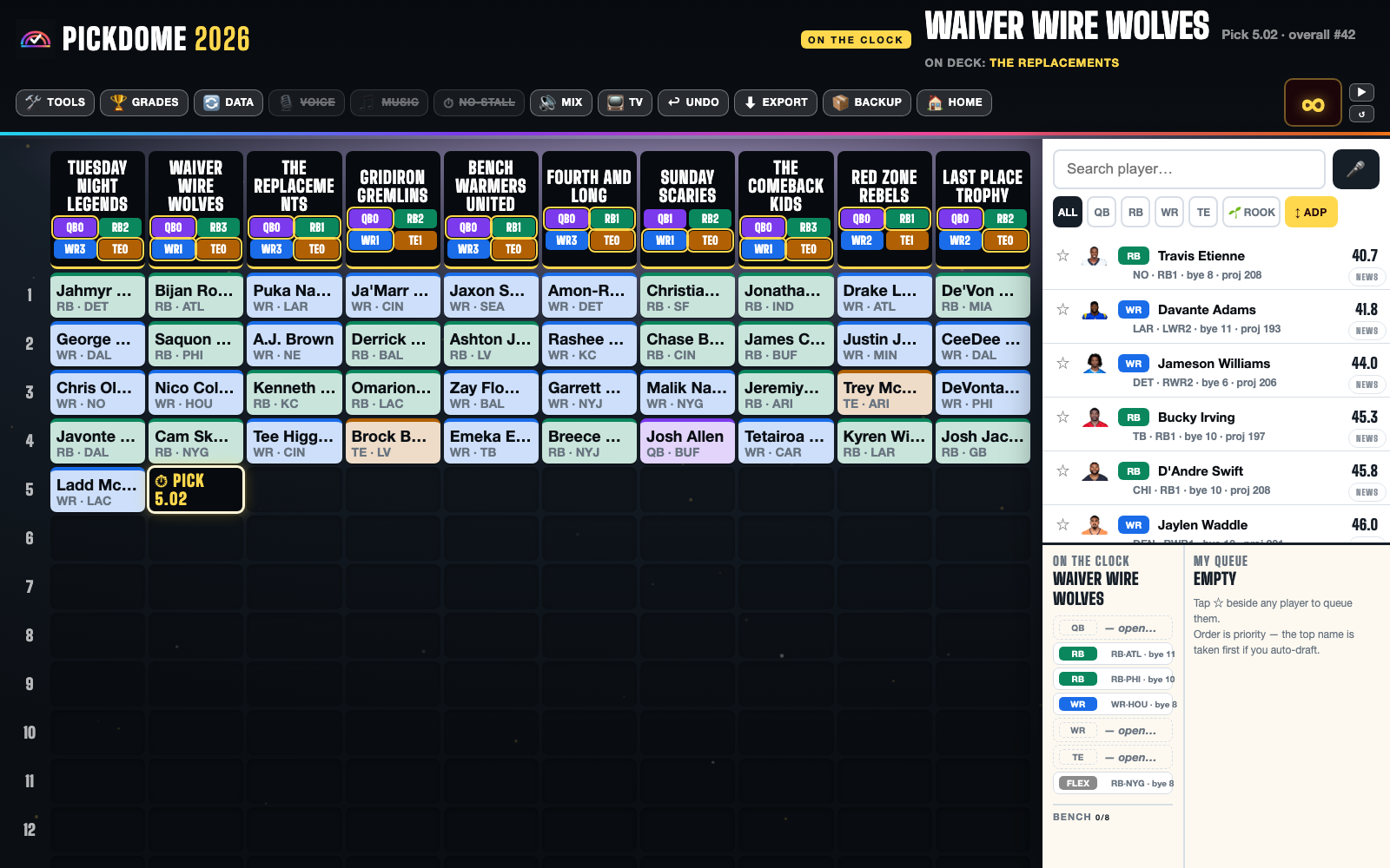 The draft board mid-draft: the pick grid, every team's positional tally, and the on-the-clock roster filling in.